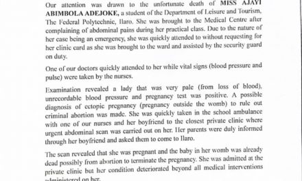 Ajayi Adejoke Demise: Controversy Trails Demise Of Pregnant Fedpoly Illaro Student, As Students Union Alleges Management Negligence